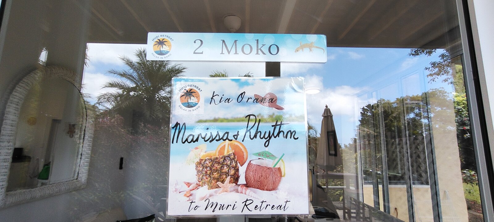 Moko apartment welcome sign at Muri Retreat