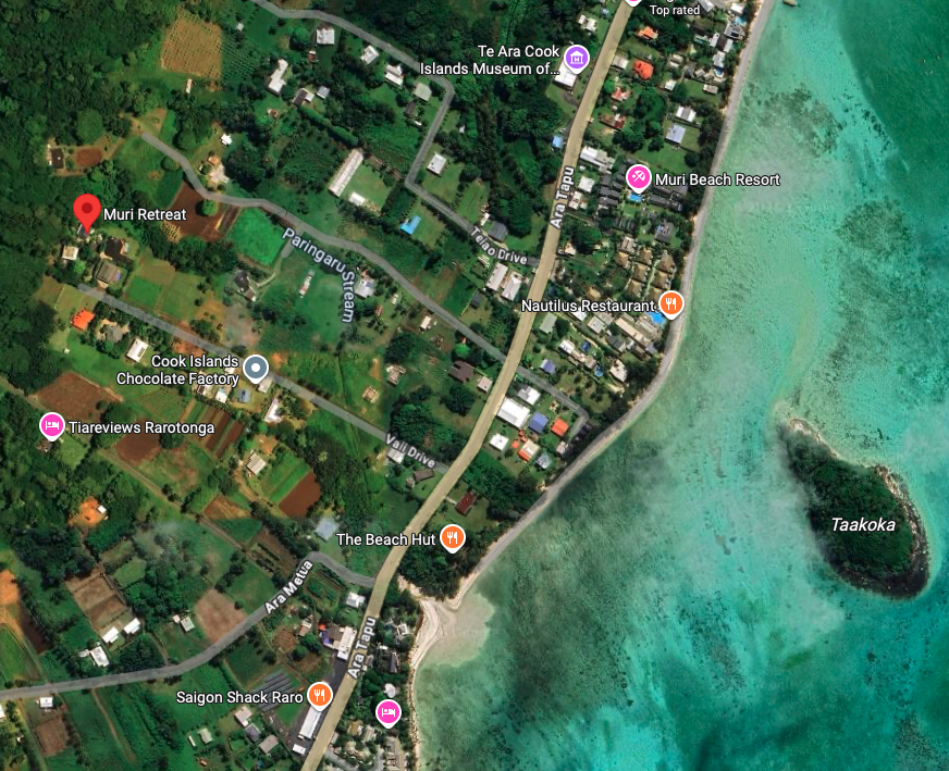 Map showing Muri Retreat close to Muri Village and Lagoon